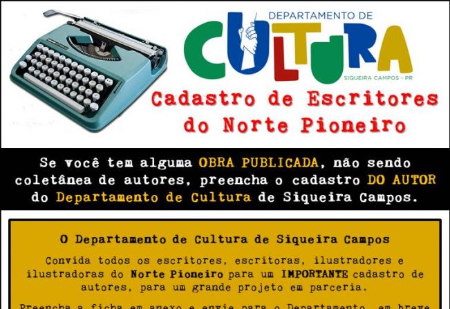 Departamento de Cultura está realizando cadastro de escritores para futuros projetos